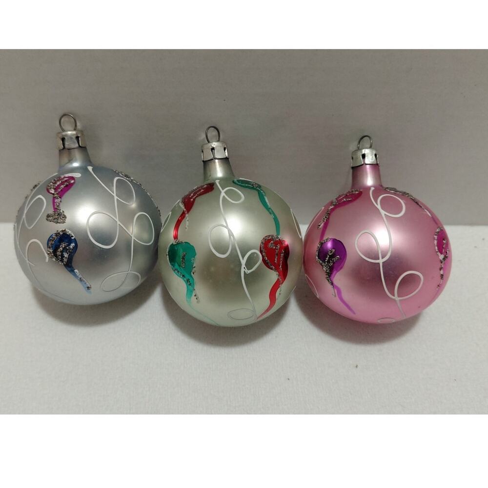 Vintage Glass Christmas Ornaments Green Silver Pink Hand Painted Poland Lot of 3